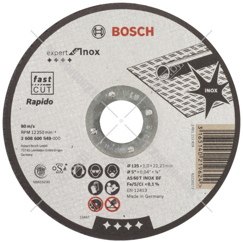 Отрезной круг 125х1,0х22,23 мм Expert for Inox Rapido BOSCH (2608600549) купить в Гродно