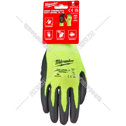 Защитные сигнальные перчатки (Ур.3 / размер 9/L / 1 пара) с защитой от порезов Milwaukee (4932478132) купить в Гродно