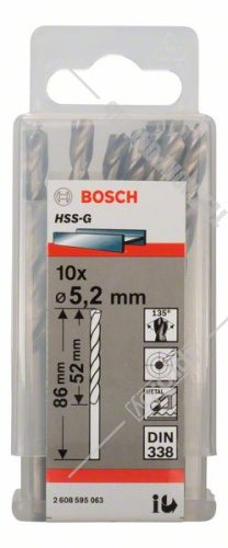 Сверло по металлу HSS-G 5,2x52x86 мм (10 шт) BOSCH (2608595063) купить в Гродно