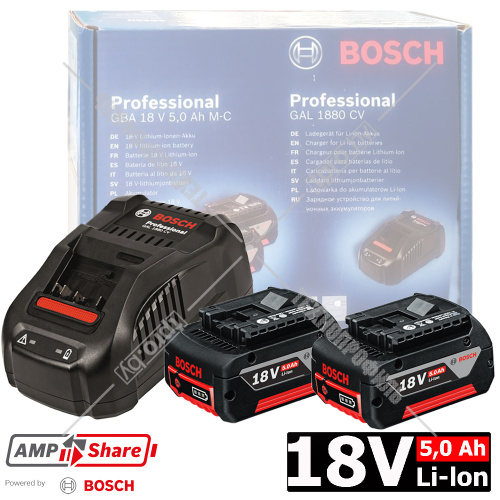Аккумулятор GBA 18V 5,0 Ah Professional (2 шт) + зарядное GAL 1880 CV BOSCH (1600A00B8J) купить в Гродно