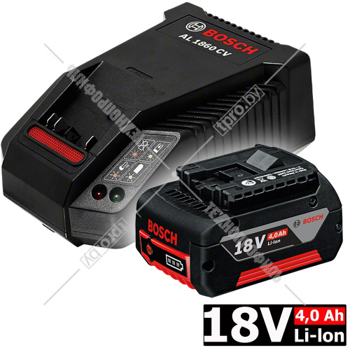 Аккумулятор GBA 18 V 4.0 Ah (1 шт) Professional + зарядное AL 1860 CV BOSCH (1600Z00043)