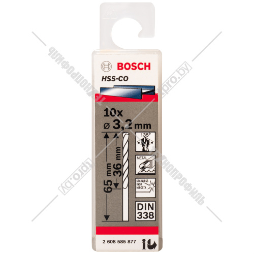 Сверло по металлу HSS-Co 3,2x36x65 мм (10 шт) BOSCH (2608585877) купить в Гродно