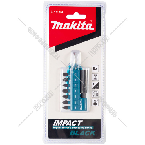 Набор ударных бит Impact Black 25 мм (8 шт) с карабином MAKITA (E-11994) купить в Гродно